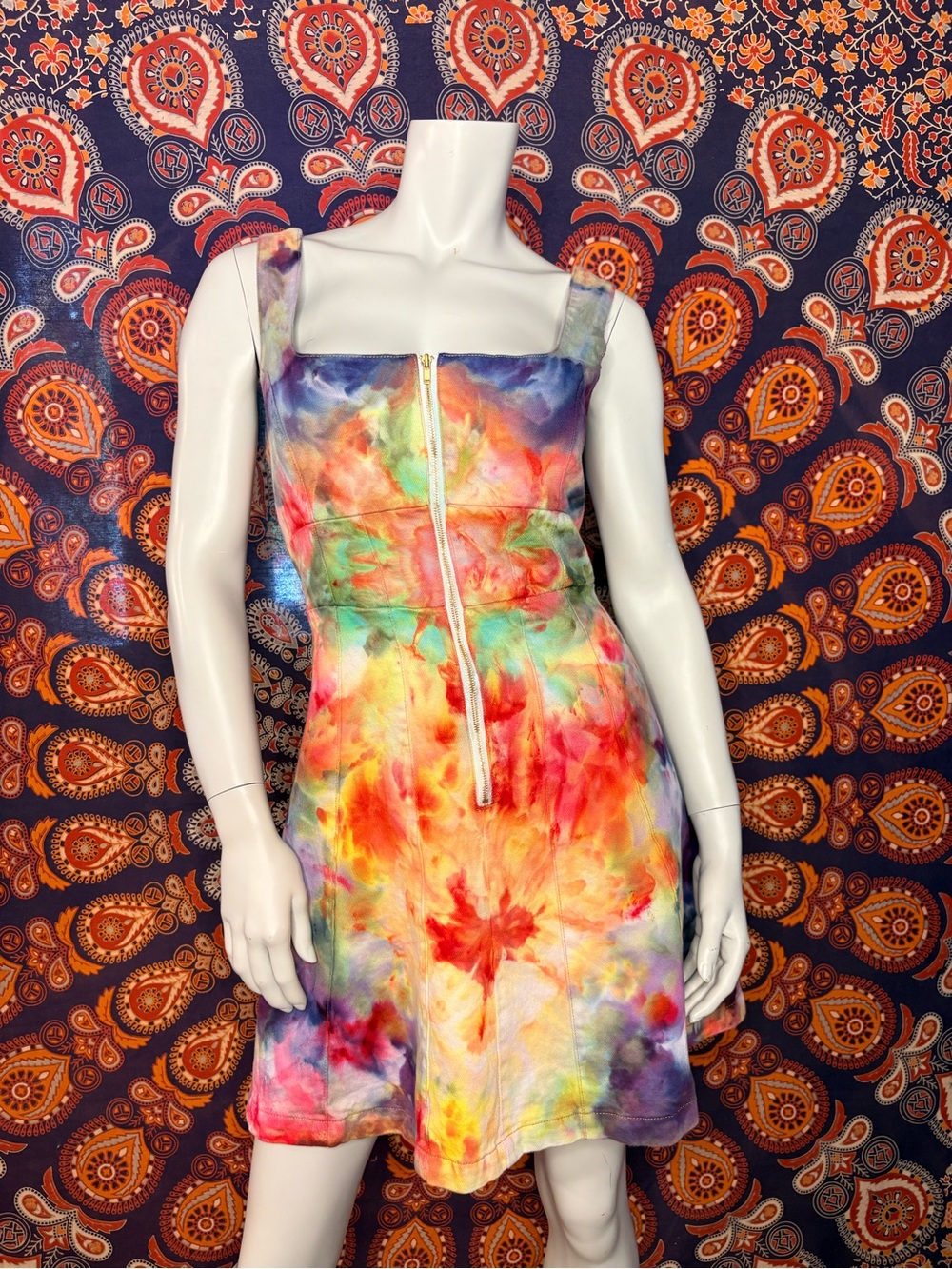 Forever New Multi-Color Custom Hand Tie-Dyed Square Neck Zipper Front Dress